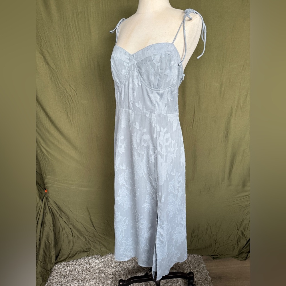 Lulu's Loveliest Looks Dusty Blue Floral Jacquard Tie-Strap Midi Dress - Picture 3 of 6